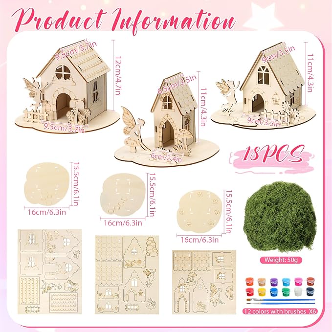 DoubleFill 18 Sets Wooden Fairy House Kit Craft - DIY Fairy Garden with Paints & Decorations - Arts Crafts & Birthday Gift for Craft Activity Party Decor (Cute Tall)