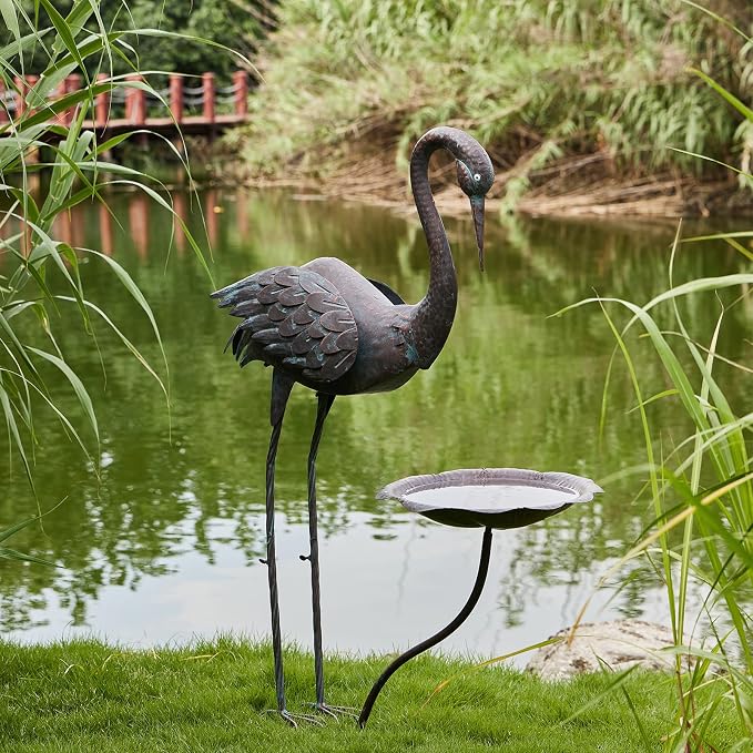 36"H Crane Bird Bath,Metal Birdbaths for Outdoor,Bird Feeders for Outdoors | Heron Garden Statues With bird bath,Vintage Birdbath for Garden Patio Lawn Decor