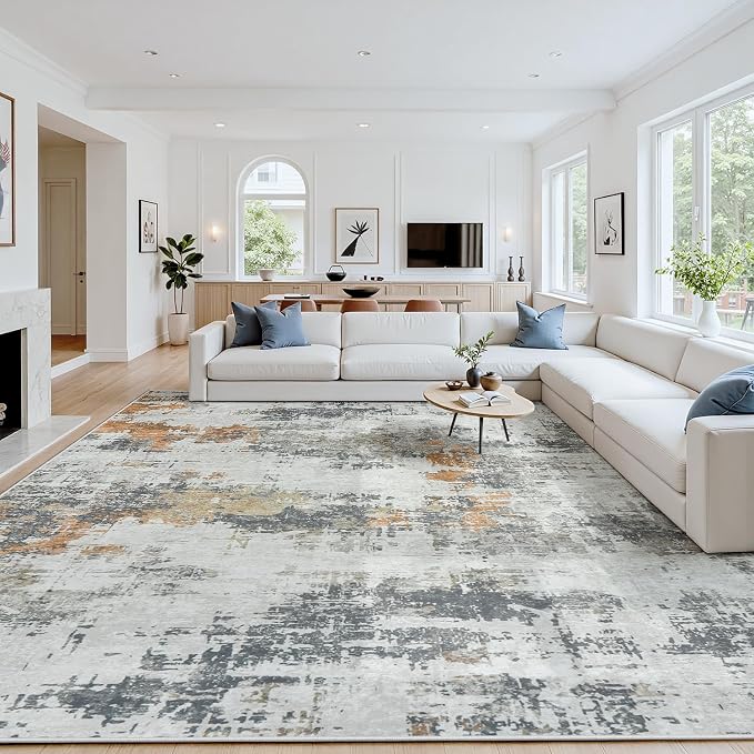 9x12 Area Rugs for Living Room: Washable Soft Grey Abstract Bedroom Carpet | Non-Slip TPE & Stain Resistant,0.25" Low-Pile,Kids Pet Friendly Modern Decor for Dining Room Farmhouse Office, Non-Shedding