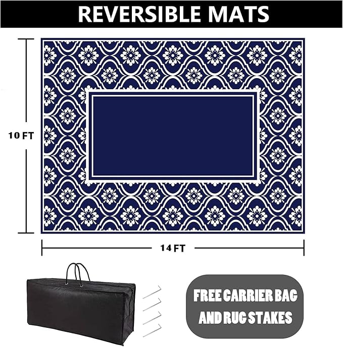 HUGEAR Patio Rug 10'x14' Waterproof Outside Area Rugs Reversible Blue Outdoor Plastic Straw Carpet for RV Deck Camping Entryance Porch Picnic Balcony Beach