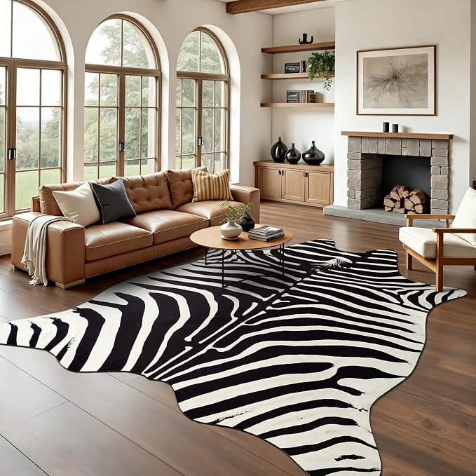 BENRON Zebra Rug, Animal Print Rug for Living Room Bedroom 6.2x7ft | Western Faux Zebra Print Rug, Animal Skin Carpets, Non-Slip Throw Rug for Home Decor, Black and White, Ivory