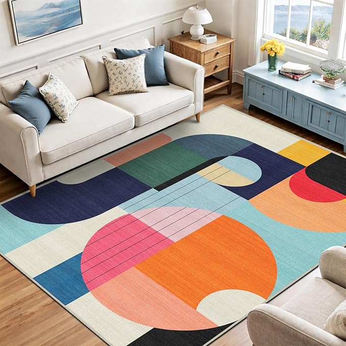6x9 Area Rug Colorful Boho Geometric Carpet Modern Abstract Large Rug for Living Room Bedroom Machine Washable Non-Slip Rug for Dining Room Home Office