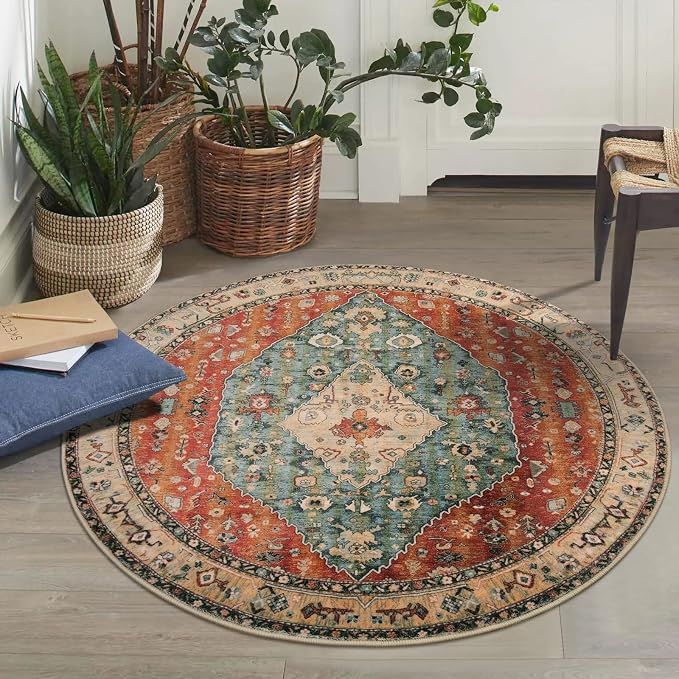 Lahome Felice Boho Tribal Round Rugs - 3Ft Small Entryway Round Area Rug Soft Bedroom Foyer Throw Mat Washable Non-Shedding Non-Slip Sofa Nursery Bathroom Carpet,Rust/Dull Teal