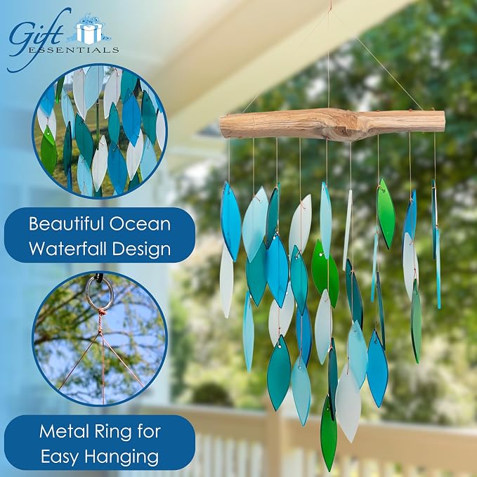 Blue Handworks Ocean Waterfall Glass Wind Chime | Handcrafted Waterfall Glass Wind Chime in Royal Blue, Sky Blue, Teal and Frosted White