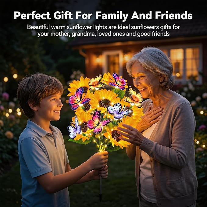 6 Pack Solar Garden Lights Outdoor, Sunflower Solar Lights with Butterfly IP65 Waterproof, Solar Flower Lights for Yard Patio Garden Decor, Auto On/Off Solar Sunflowers Decorative, Gifts for Mom Women