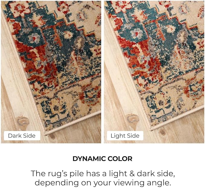 Superior Indoor Area Rug or Runner, Patchwork Rustic Leaves Floor Decor, Soft Plush Rugs for Living Room, Office, Kitchen, Dining, Aesthetic Home Accessories, Zelder Collection 5ft x 8ft - Ivory-Teal