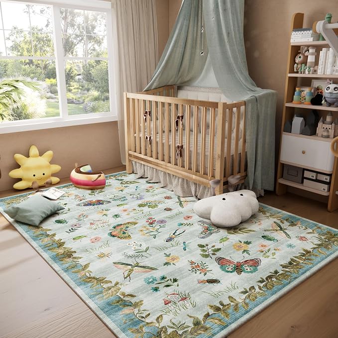 Machine Washable Rug for Living Room: 5x7 Area Rugs Vintage Rug Stain Resistant Non Slip Low Pile Soft Lightweight Carpets Rugs for Bedroom Kitchen Dining Room Nursery Kids Room Farmhouse Indoor
