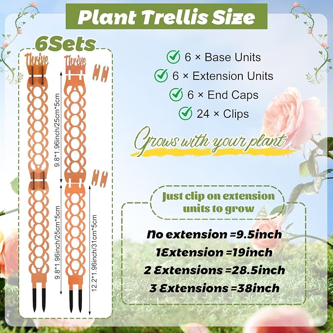 6 Sets Wooden Extendable Plants Trellis Indoor Modular Plant Trellis with Wood Thrive Sign Decor and Extensions for Outdoor Climbing Houseplants Vine Flower Stem (Ring)