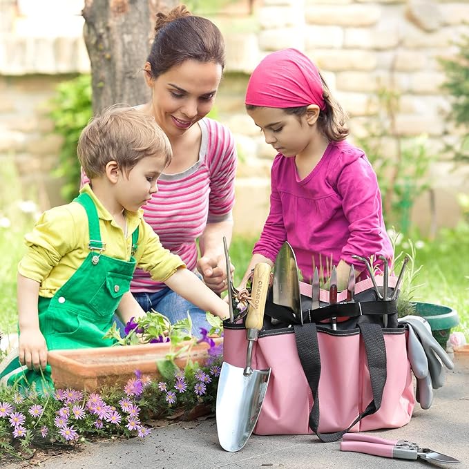 WORKPRO 8-Piece Pink Garden Tool Set, Stainless Steel Gardening Tools with Wood Handle, Including Garden Tote, Gloves, Trowel, Hand Weeder, Cultivator and More, Gardening Gifts for Women - Pink