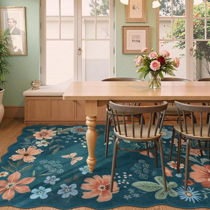 Lahome Floral Washable Rugs 8x10, Soft 8x10 Rugs for Living Room Bedroom | Non-Slip Ultra-Thin Stain Resistant Boho Blue Accent Carpet for Dining Room Office Flore (8x10ft, Navy Blue)