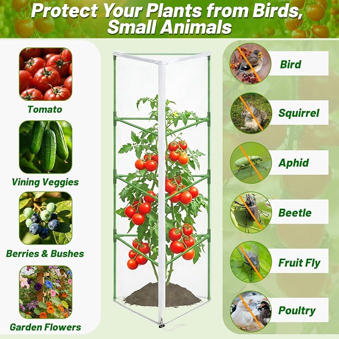 3 Pcs Garden Bird Netting Plant Cover for Triangle Tomato Cage, 67" X 12.6" X 12.6" Tomato Trellis Plant Covers with Zipper & Drawstring for Vertical Climbing Plants, Vegetable and Flowers (No Cage)