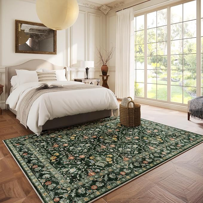 Vintage Botanical Dark Green Area Rug 5x7 Elegant Floral Pattern, Durable Stain-Resistant Fabric, Perfect for Living Room, Bedroom, Dining Room Decor