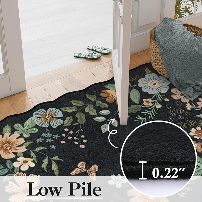 Lahome Floral Entryway Rug, 2X3 Washable Kitchen Rug Ultra-Thin, Non-Slip Soft Door Mat Indoor Entrance Boho Small Low-Pile Flore Carpet for Bathroom Bedroom (2x3ft,Black/Grey)