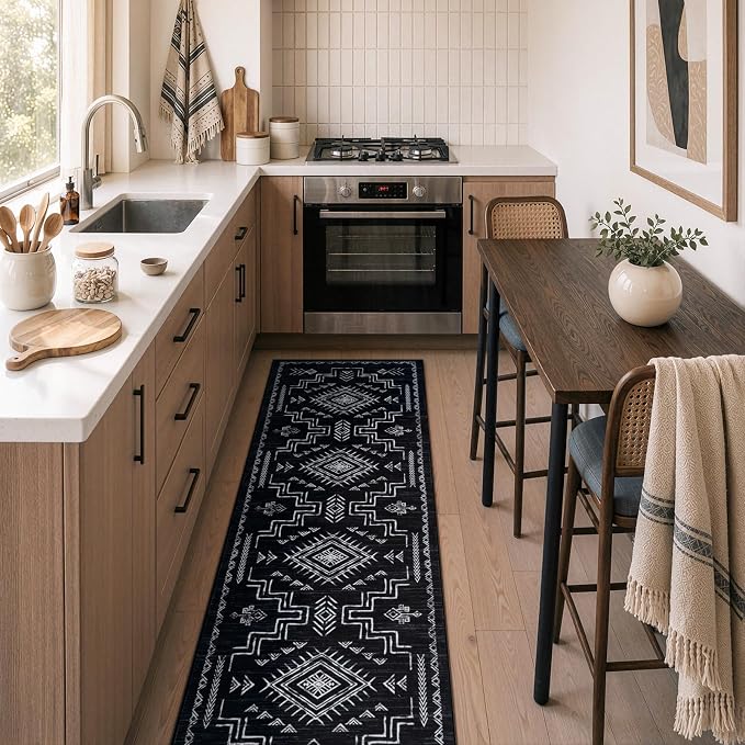 STARUIA Washable Kitchen Runner Rug, 2x6 Black Runner Rugs for Hallway, Non-Slip Western Aztec Tribal Low Pile Non-Shedding Carpet for Kitchen, Hallways, Entryway, Bedroom, Bathroom(Black 2'x6')