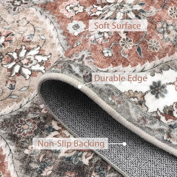 ROYHOME Runner Rug Washable Moroccan Hallway Runner Entryway Rug, 2' x 6' | Stain Resistant Non-Slip Vintage Distressed Trellis Bedroom Rug Runner Entrance Carpet for Laundry Kitchen, Pink/Grey