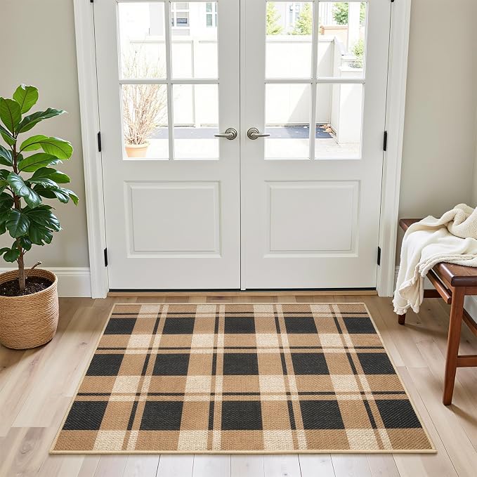 2x3 Checkered Jute Mat, Washable Non-Slip Farmhouse Rug, Black/Brown | Non-Slip Rubber Backing, Machine Washable, Low-Pile Jute, Farmhouse Geometric Design, Durable For Daily Use.