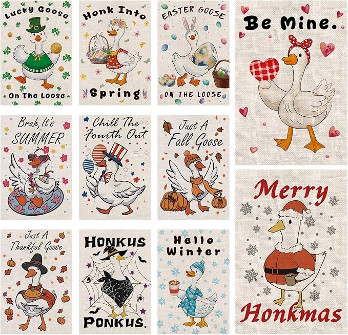 Seasonal Garden Flags - Funny Goose Double Sided Flags Set of 11 Holiday Farmhouse Indoor Halloween Christams Gifts Outdoor Yard Lawn Decorations 12.5x18 Inch