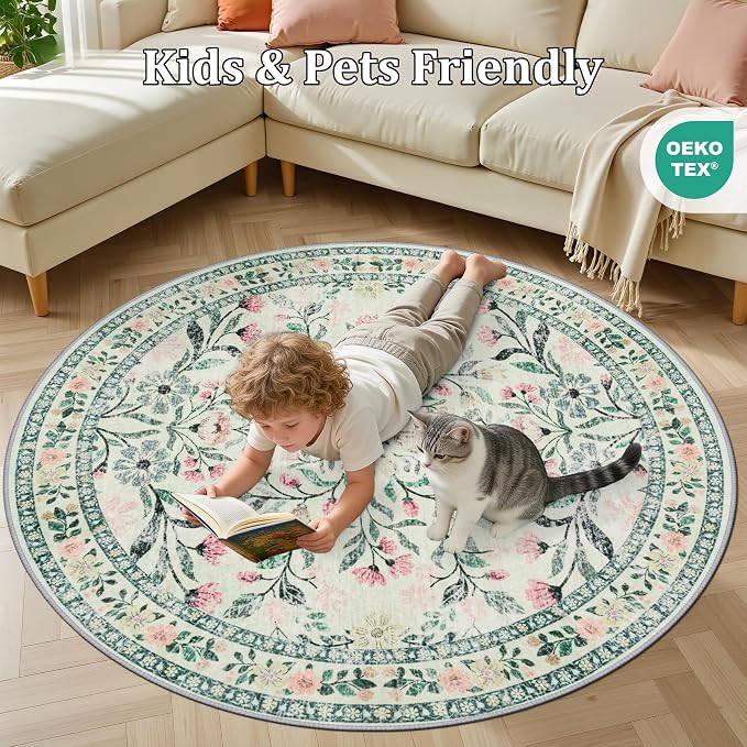 PLHXFR Round Area Rug Living Room: 4 ft Floral Washable Carpet Green Beige | For Bedroom Dining Room Farmhouse Nursery Hallway,Vintage Floral,Machine washable,Non Slip,Stain Resistant,Large Indoor