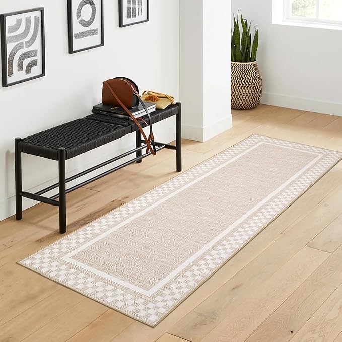 GarveeHome Checkered Runners for Hallways 2x8 Washable Kitchen Runner Rug | Non Slip Low Pile Bedside Throw Carpet Modern Bordered Rug for Living Room Bedroom Entryway Nursery Bathroom, Beige