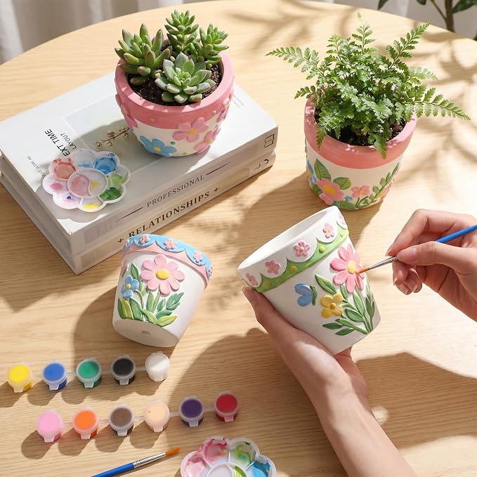 Zubebe 12 Pcs Paint Your Own Ceramic Pots Bulk Unfinished Succulent Pots Craft Kit with Drainage Hole Mini Paintable Plant Vase Ready to Paint Planter for Cactus DIY Craft (Spring Flowers)