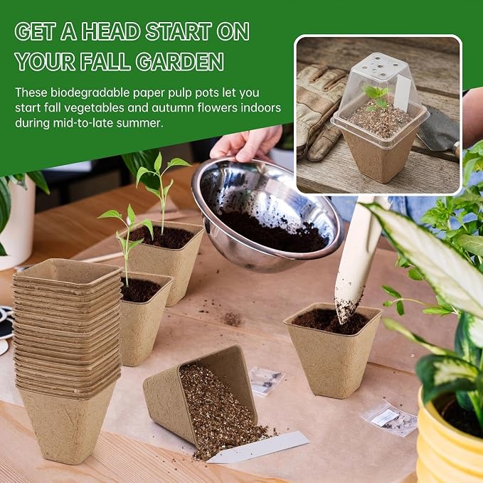 50-Set Seed Starter Kit (150 PCS Total), 3" Square Biodegradable Peat Pots with 50 Humidity Domes & 50 Labels, Nursery Pots for Fall Garden & Indoor Herb Seedlings Germination