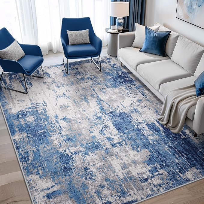 RELEANY Washable 6'x8' Abstract Area Rug for Living Room Blue Gray | Carpet for Bedroom, Kitchen, Office, Hallway and Entryway, Printed Pattern, Non‑Slip, Soft, Stain‑Resistant, Easy to Clean