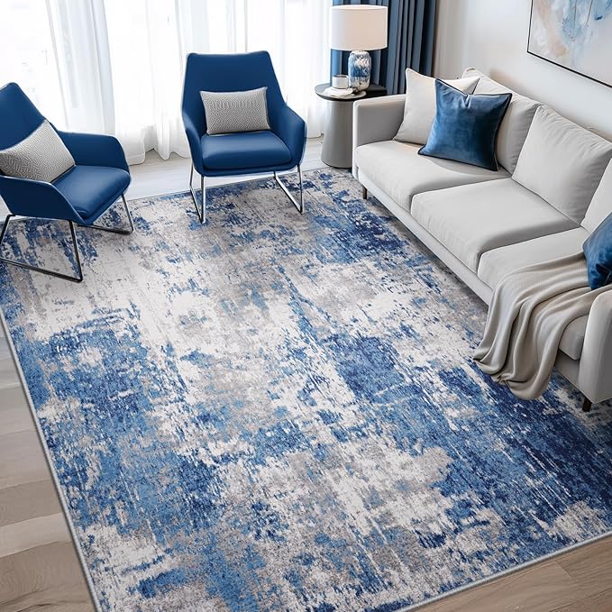 RELEANY Washable 7'x9' Abstract Area Rug for Living Room Blue Gray | Carpet for Bedroom, Kitchen, Office, Hallway and Entryway, Printed Pattern, Non‑Slip, Soft, Stain‑Resistant, Easy to Clean