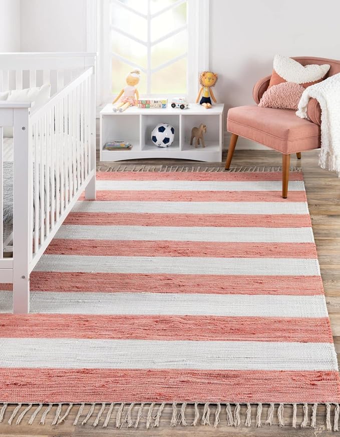 Unique Loom Chindi Rag Collection Area Rug - Striped (5' 1" x 8' Rectangle, Coral and Ivory)