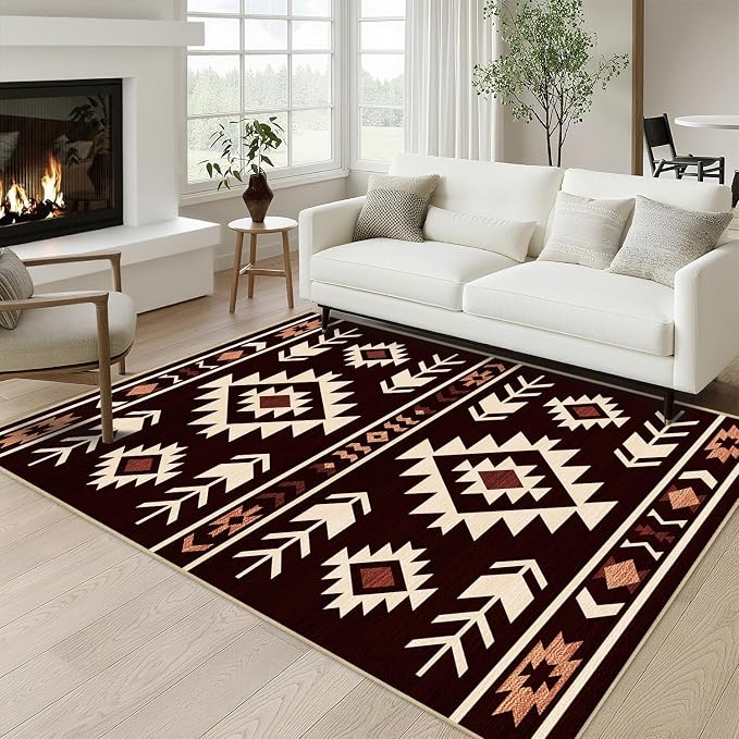 Western Area Rug 4x6 for Living Room, Southwestern Aztec Tribal Area Rugs Southwest Navajo Machine Washable Rug Non-Slip Printed Low-Pile Floor Carpet for Bedroom Dining Room Office, Red Brown
