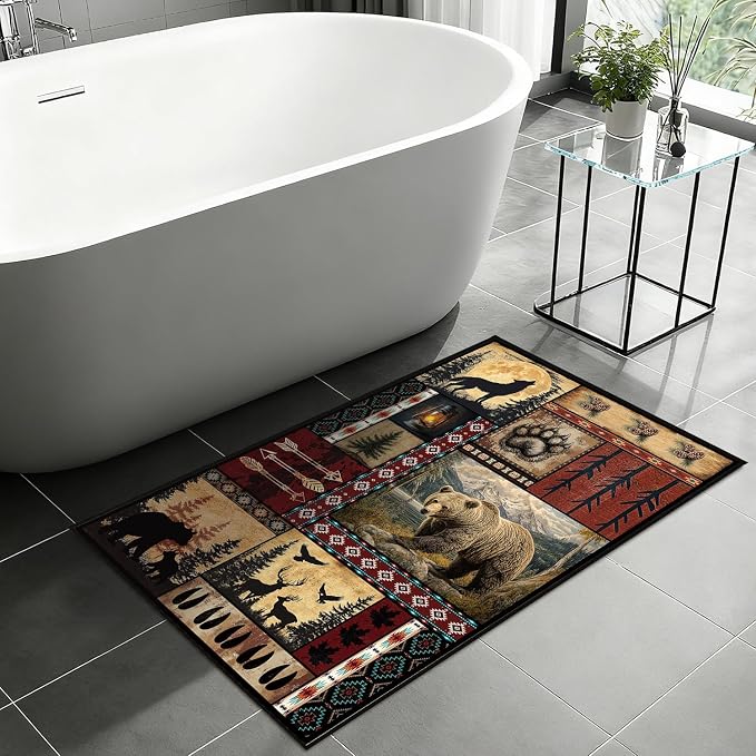 Rustic Cabin Area Rug 2x3 for Living Room, Bear Deer Print Mat, Western Animal Decor Non-Slip Low-Pile Machine Washable Door Floor Carpet for Dining Room Bedroom Office