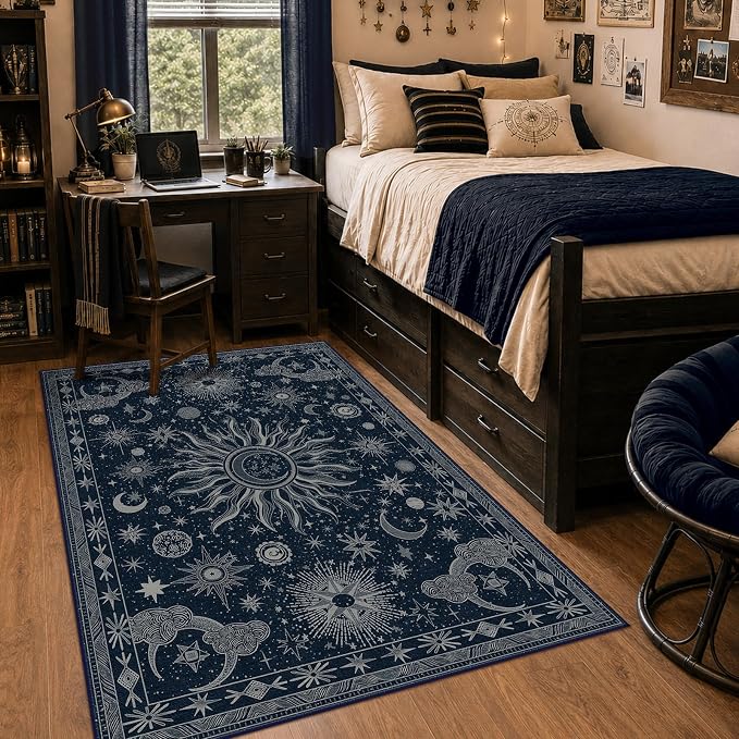 Vacuum-Friendly, 4x6 Washable Area Rug, Blue Gray White | Sun and Moon Boho Gothic Non-Slip Low Pile Living Roon Bedroom Dining Room Kitchen Entry Entryway Entrance Hallway Doormat