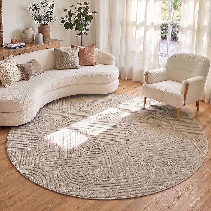 Etwel 6.5 ft Taupe Geometric Textured High-Low Pile Washable Round Rug | Modern Soft Carpet, Non-Slip PVC Backing, Low Profile, Kid and Pet Friendly, for Living Room, Bedroom, Dining Room, Nursery