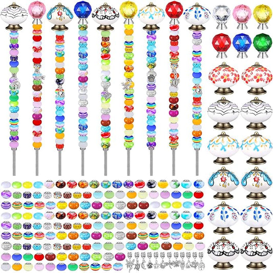 Hicarer 248 Pcs DIY Fairy Wand Kit Beaded Stakes with 12 Threaded Rod Nuts 6 Crystal Stopper Top 6 Ceramic Pumpkin Mushroom Top 212 Diamond Bead 12 Silver Glass Pendant for Outdoor Garden Decoration