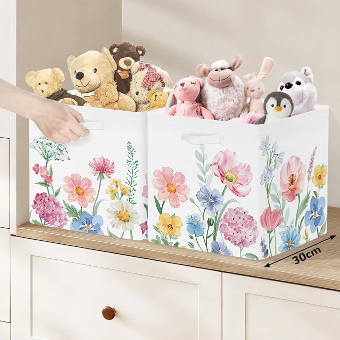 Clastyle Flowers Storage Cube Organizer Set Handle Closet Clothes Cube with Metal Frame Foldable Parents Organizer Storage Basket for Book Toy,Watercolour,11.8x11.8x11.8 in