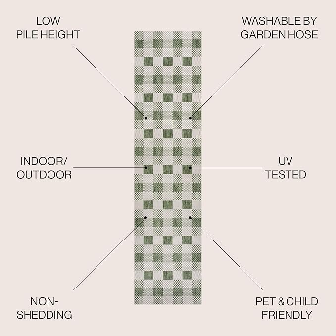 JONATHAN Y Geometric Bold Gingham Indoor Outdoor Runner Rug 2X8 Green/Cream, Darcy Traditional for Backyard, Patio, Porch, Easy-Cleaning, High Traffic, Pet-Friendly, Non-Shedding (TSN201E-28)