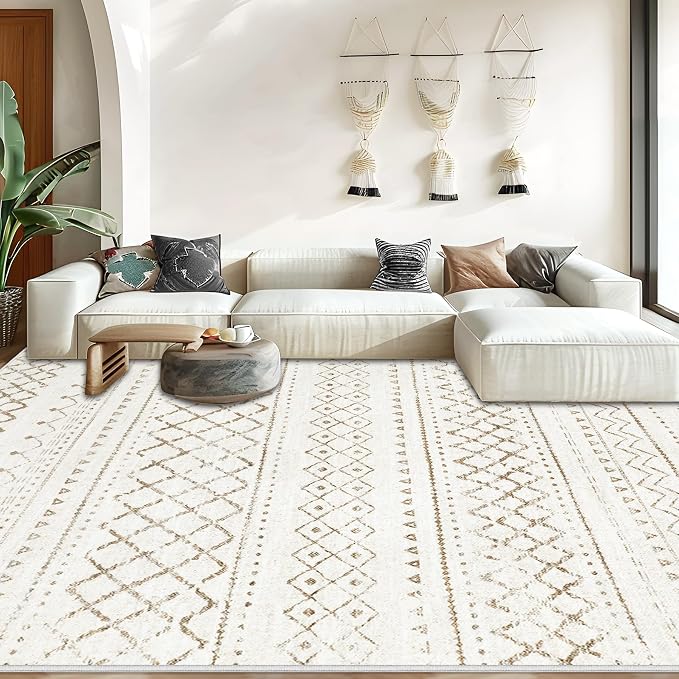 Area Rug Living Room Rugs 5x7 - Large Soft Boho Geometric Rugs, Non-Slip Foldable Washable Area Rug Non Shedding Morden Indoor Floor Carpet for Living Bedroom Office Dining Room (Brown,5' x 7')