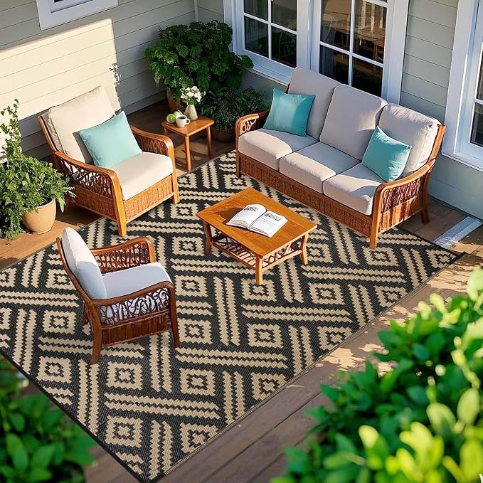 Outdoor Patio Plastic Straw Rug - 5x8 ft Outdoor Camping Rug Waterproof Reversible, Area Carpet Patios RV, Outside Porch Balcony Deck for Camper, Moden Black Beige