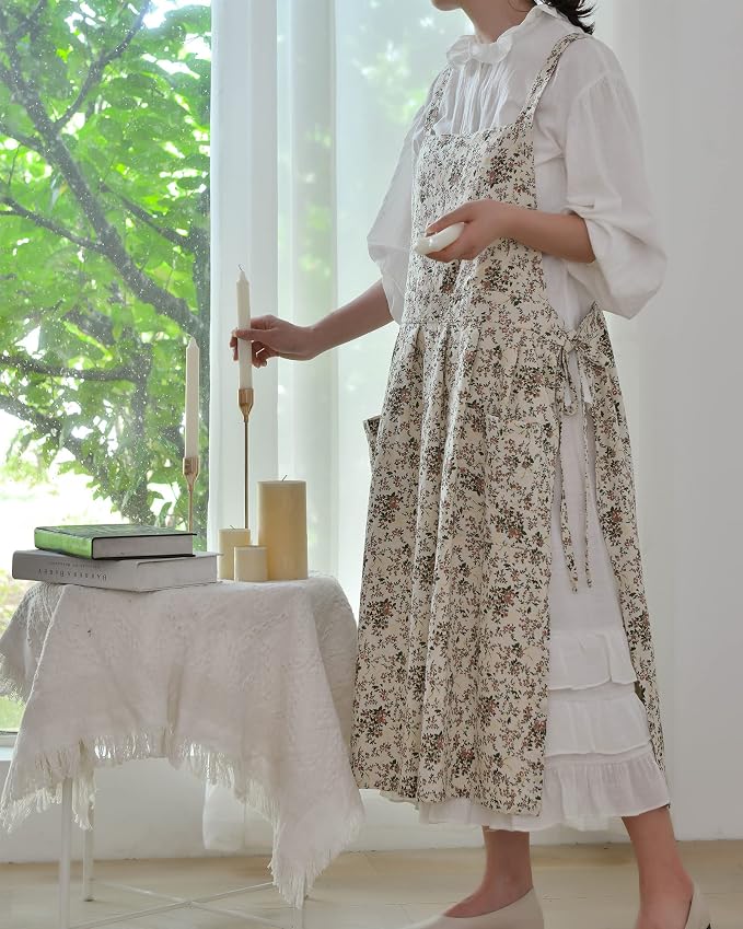 Japanese Cotton Linen Cross Back Apron with Pockets,Fashion Pinafore Dress for Gardening Painting Cleaning Cooking