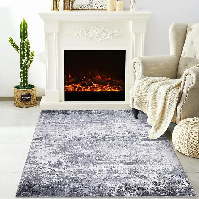 ROYHOME Modern Abstract 2x3 Area Rug Non Slip, Light Grey | Non Shedding Low Pile Stain Resistant Rug for Entryway Kitchen Bedroom