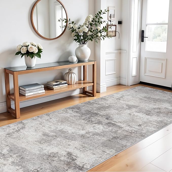 4x10 Washable Modern Abstract Rug:Hallway Wide Runner Rug Grey | Non-Slip Thin Rug for Kitchen, Living Room, Bedroom - Easy Clean Carpet for Long Spaces - Soft Low Pile Floor Mat 4x10