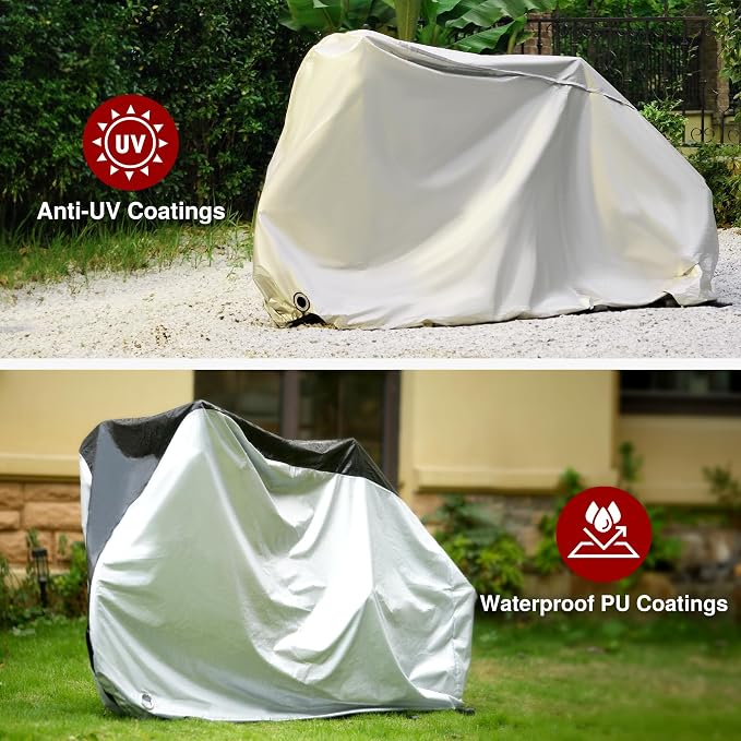 Puroma Bike Cover for 1 Bike, 190T Outdoor Waterproof Bicycle Covers Rain Sun UV Dust Wind Proof with Lock Hole for Mountain Road Electric Bike (Silver & Black)