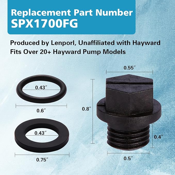 Lenporl 2-Pack Pool Pump Drain Plugs with 2 O-Rings & 2 Square Washers SPX1700FG, Compatible with Hayward Super Pump PowerFlo and MaxFlo Series Pool Pump Parts, Aftermarket Parts for Home Improvement