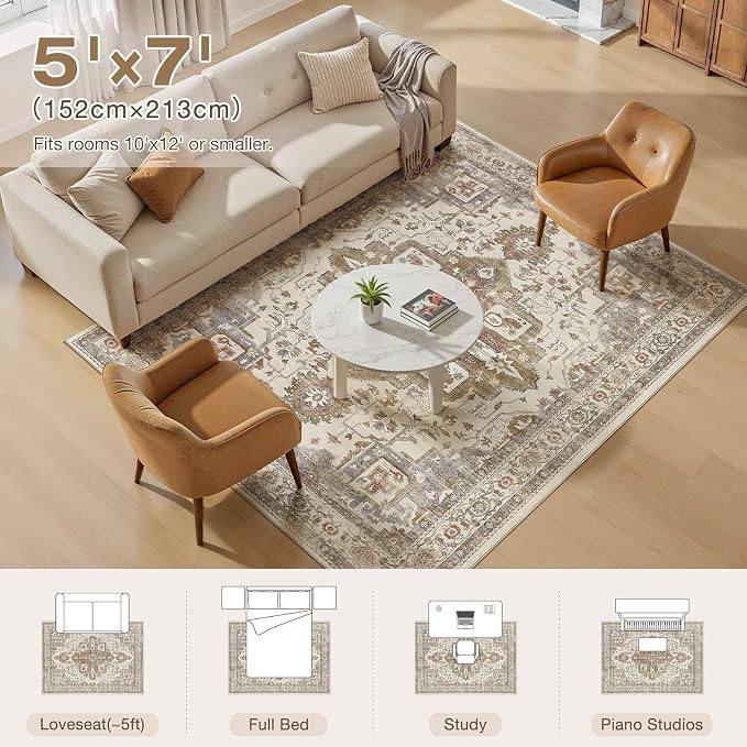Vintage Washable 5x7 Area Rug for Living Room, Golden Taupe | Soft Low Pile Rug with Non-Slip Backing, Stain Resistant for Bedroom or Dining Room, Kid & Pet Friendly