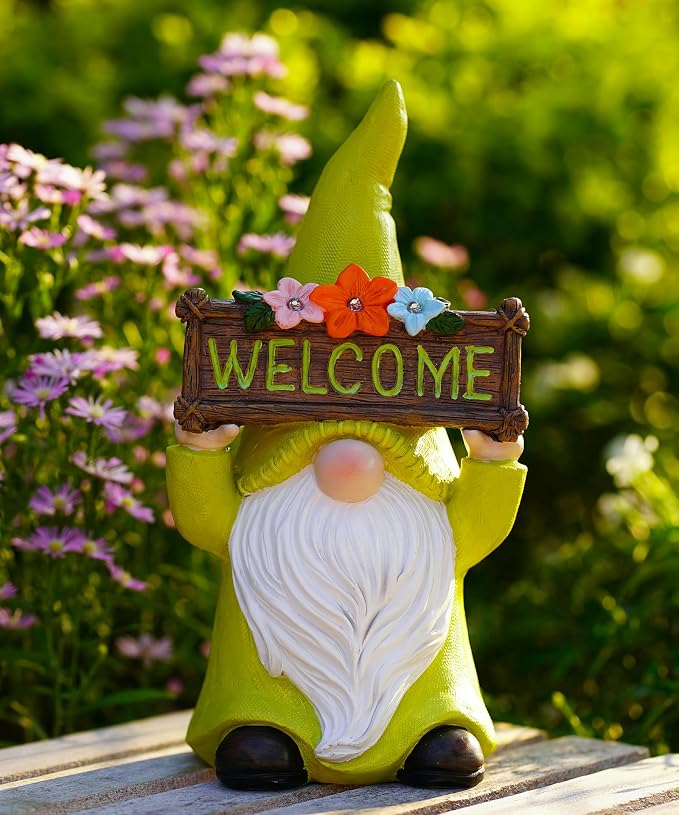 Nacome Solar Gnome Statue for Garden Decor: Outside Sculpture with Flower Welcome Sign Clearance for Yard Art Lawn Ornaments Porch Patio Balcony - Birthday Gifts for Grandma Mom Women(Green)