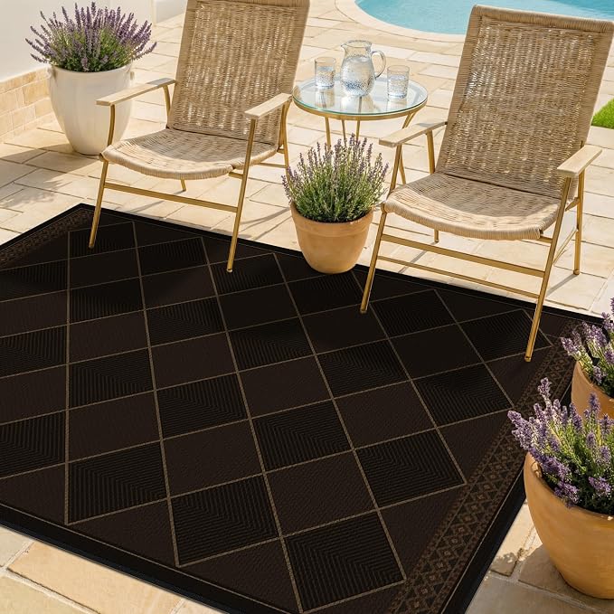 Checkered Easy Jute 3x5 for Porch Rugs Indoor Outdoor Decor, Washable Non Slip Entry Way Front Door Mat Outdoor, Farmhouse Patio Rug, Dark Brown Non Slip Daimond Carpet for Kitchen, Backyard, Laundry