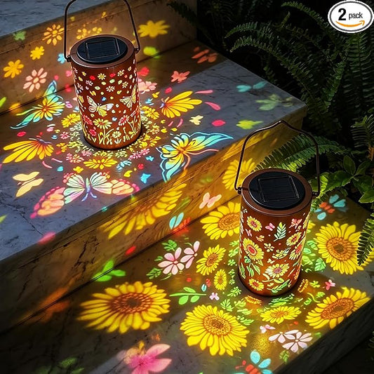 Garden Decor - [2 Pack] Colorful Hanging Solar Lanterns Outdoor Waterproof, Sunflower + Butterfly Solar Lantern for Courtyard Patio Table Step Front Porch Decor, Gifts for Mom Wife Grandma Friends