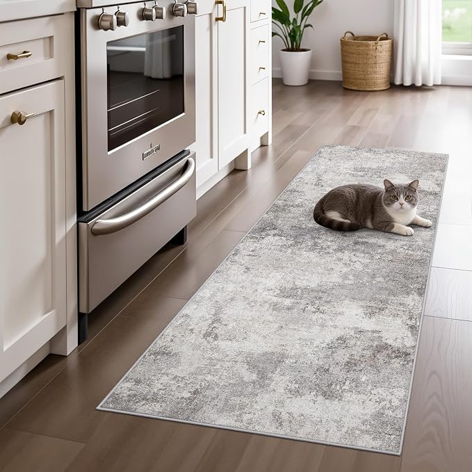 2x5 Washable Abstract Rug Runner: Non Slip Hallway Carpet for Entryway Grey | Kitchen,Laundry Room- Soft Low-Pile Thin Indoor Floor Mat - Modern Gifts for Newlyweds Household Home Decor 2x5 Grey