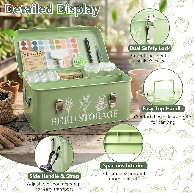 Seed Storage Organizer,Seed Storage Box with Strap,10 Large Seed & 30 Small Bottles,70 Label,60 Seeds Envelopes,4 Compartments Seed Organizer with Dual Safety Locks,Ideal for Garden Flower Plants