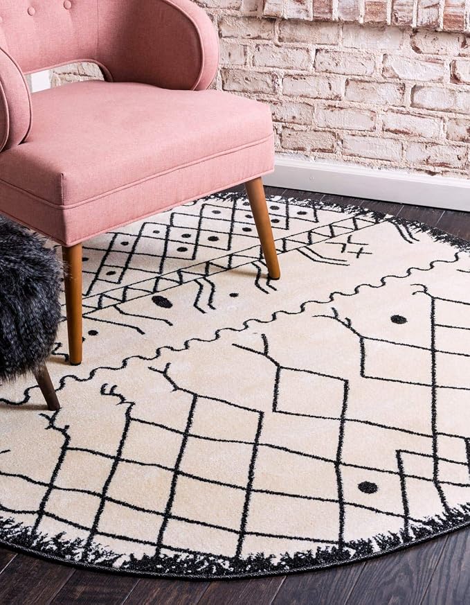 Unique Loom Fez Collection Tribal, Moroccan, Bohemian Area Rug (6' 0 x 6' 0 Round, Beige/ Black)