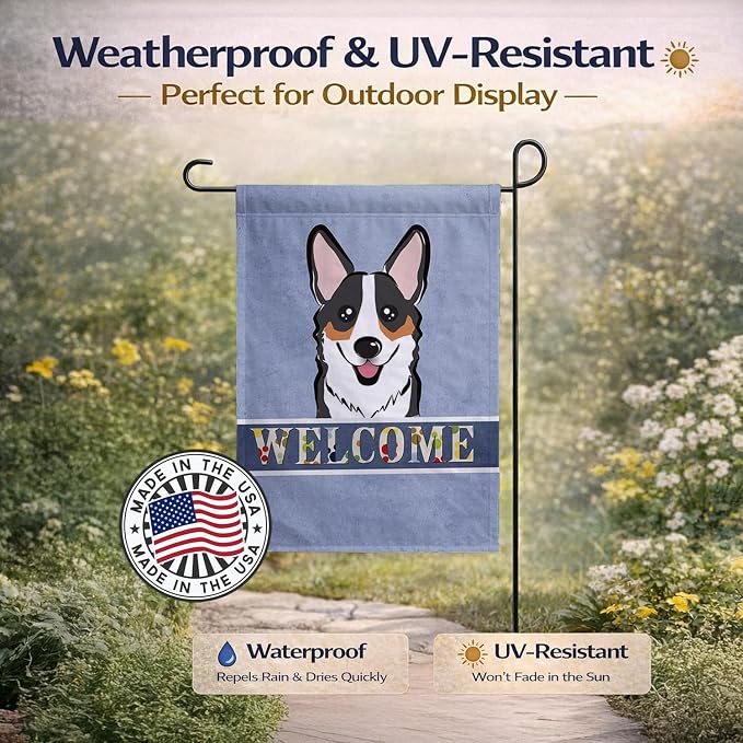 Caroline's Treasures BB1441GF Tricolor Corgi Welcome Garden Flag, Blue Mailbox Flag Decorative Yard Flag Banner Outside Patio Artwork Yard Flower Beds, Garden Size, Multicolor